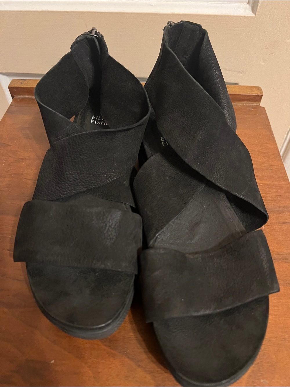 Eileen Fisher Black Suede Crisscross Strap Sandals